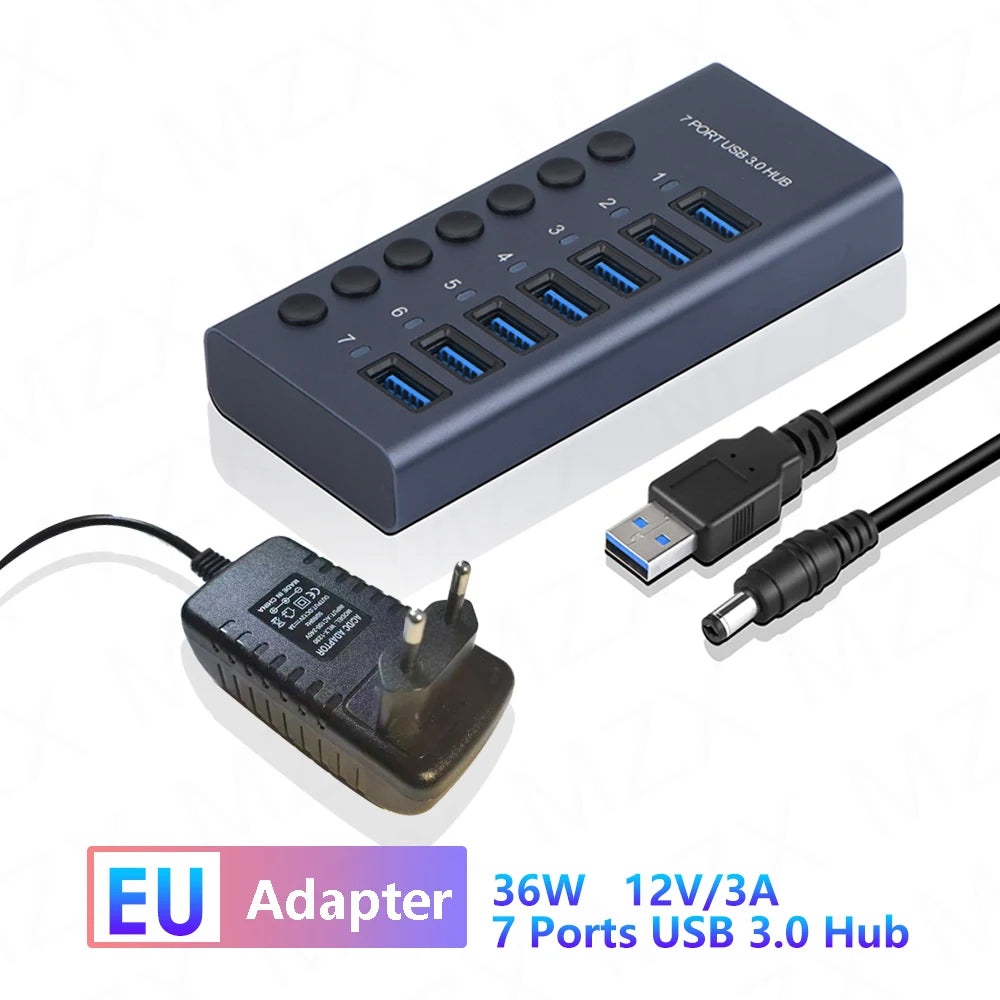 MZX USB 3.0 Hub Aluminum Multi Port Splitter with Power Adapter and Switch