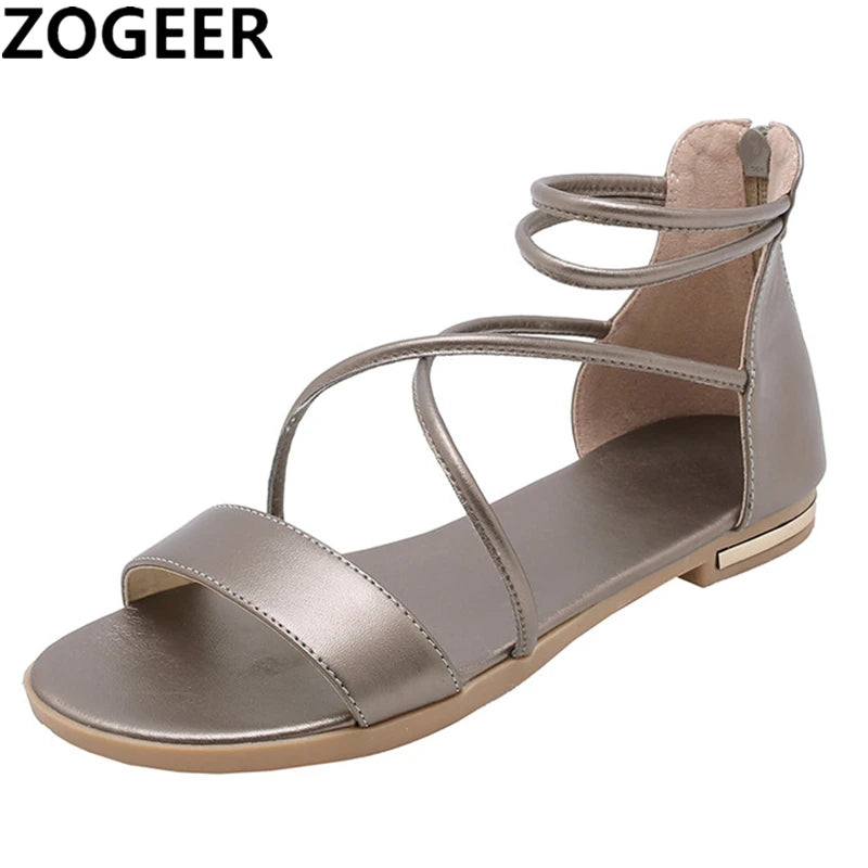 Genuine Leather Women Sandals Summer Flats Shoes Casual Flip Flops Gladiator Sandal Comfortable Cross Strap Beach Shoes Ladies
