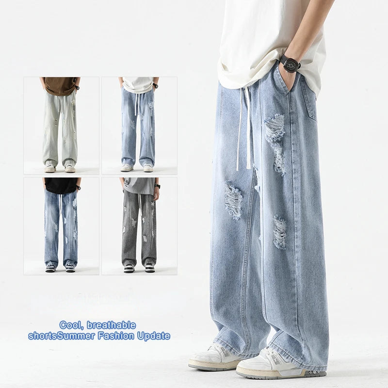 Men's Summer Ripped Jeans Loose Straight Leg