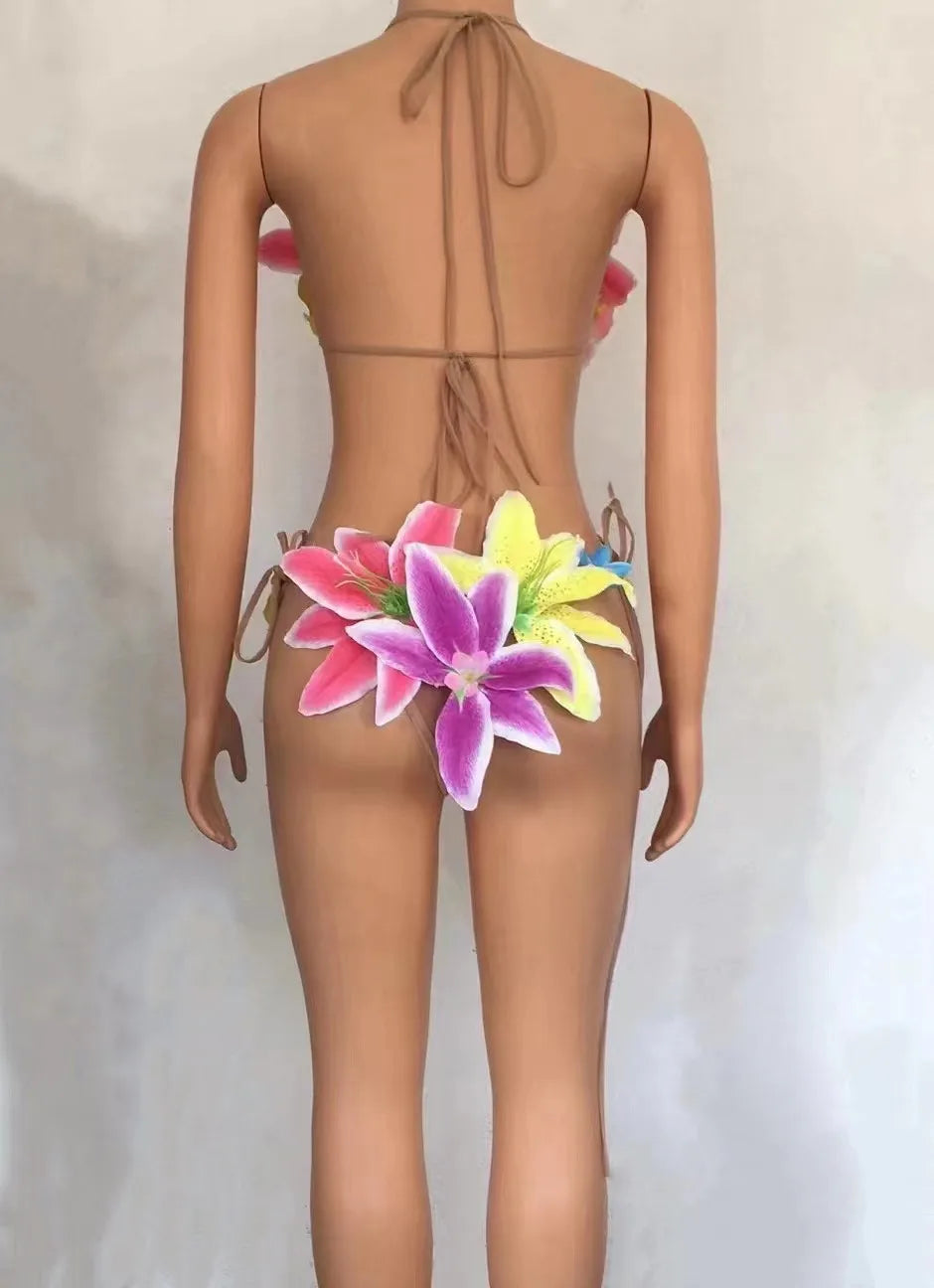 Sexy Colorful Big Flowers Transparent Bikini Dress Women Dancer Show Stretch Stage Costume Outfit Evening Prom Party Biniki Set