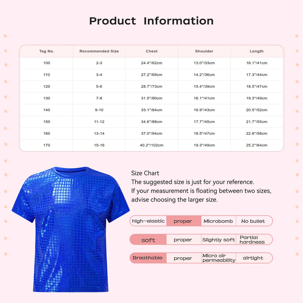 Boys Girls Shiny Plaid Sequins T-shirt Unisex Kids Short Sleeve Shirts Tops Cheerleading Street Dance Choir Stage Performance