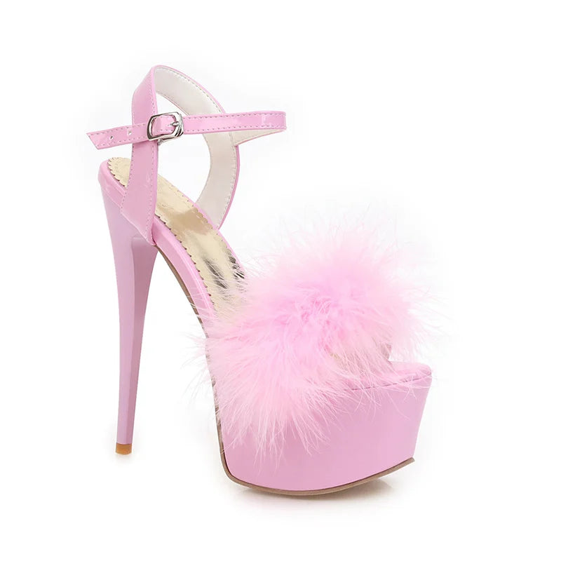 Gladiator Sandals Women Summer Platform High Heels Wedding Party Shoes Sexy Pink Red Blue Feather Dance Shoes Female Large Size