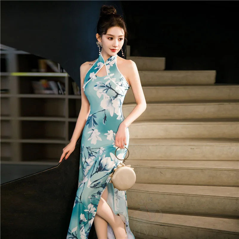 Green Blue Chinese National Cheongsam Women Summer Sexy Backless Dress Sleeveless Floral Vintage Dress Long Qipao S to 5XL