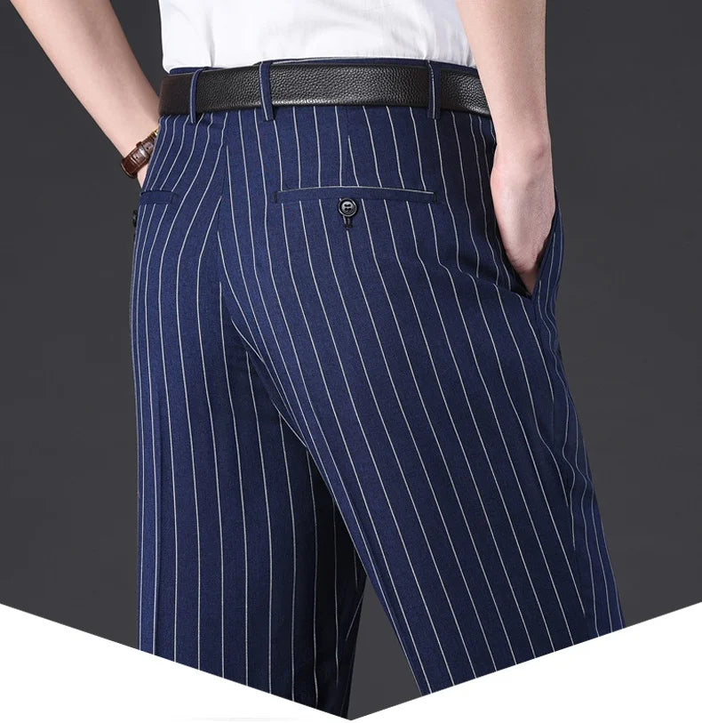 Flat Stretch Suit Pants For Men Striped Thin Summer Straight High Waist Black White Blue Formal Fashion Korea Dress Trousers Men