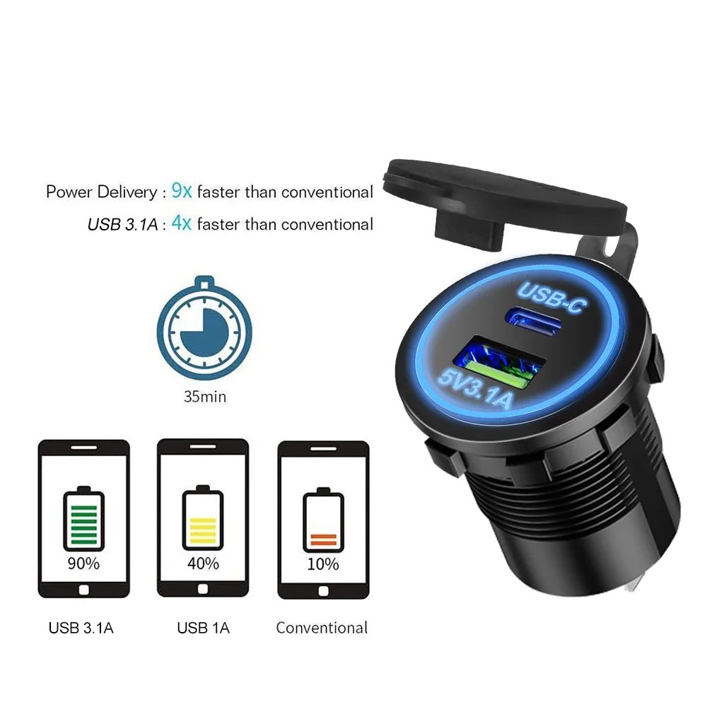 Universal Motorcycle Car Charger LED Light USB TYPE-C Charger Power Socket Cigarette Waterproof Light for Auto Truck ATV Boat