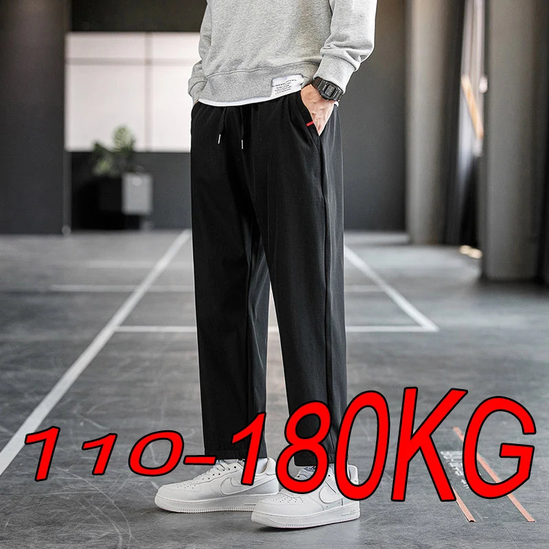Plus Size Trousers Men's 2024 New M-8XL Ice Silk Pants Drawstring Feet Leisure Sports Running Fitness Harajuku Trousers