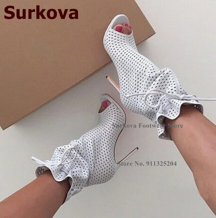 Surkova Royal Blue Suede Small Hole Cut-out Ankle Boots Thin High Heel Lace-up Dress Shoes Ruffle Caged Open Toe Sandals Booties