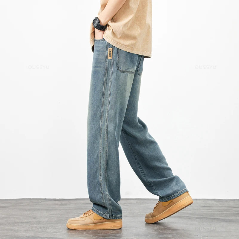 Spring Summer High Quality Soft Lyocell Fabric Jeans Men Thin Loose Wide Leg Pants Elastic Waist Casual Trousers Plus Size 28-40