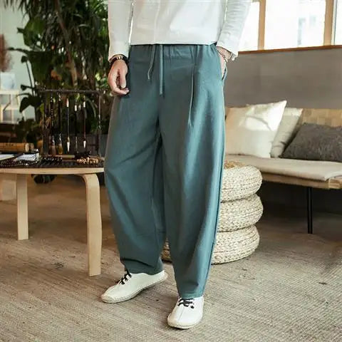 Fashion Summer Casual Pants For Mens Cotton Linen Loose Trousers Trendy Large Size Bloomers Male Home Tai Chi Wide Leg Pants 5XL