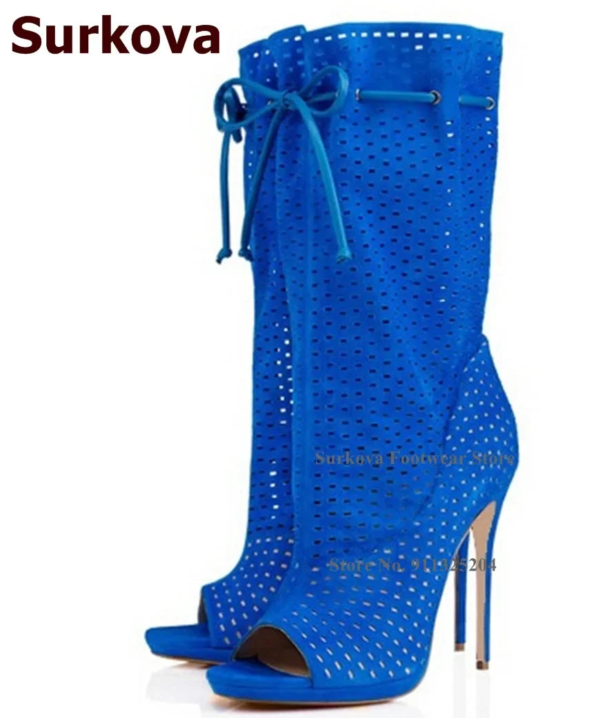 Surkova Royal Blue Suede Small Hole Cut-out Ankle Boots Thin High Heel Lace-up Dress Shoes Ruffle Caged Open Toe Sandals Booties