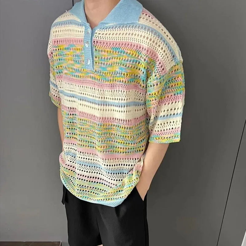 Vintage Colour Stripe Hollow Lapel Collar Short Sleeved T-shirt Knitting Men Summer Loose Comfortable Refreshing POLO Shirt