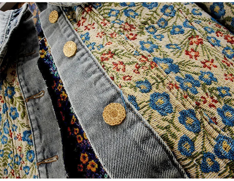 Spring Autumn Jacquard Embroidery  Denim Jacket Women Loose Short Cowboy Outerwear Casual Peter Pan Collar Jeans Jacket Female