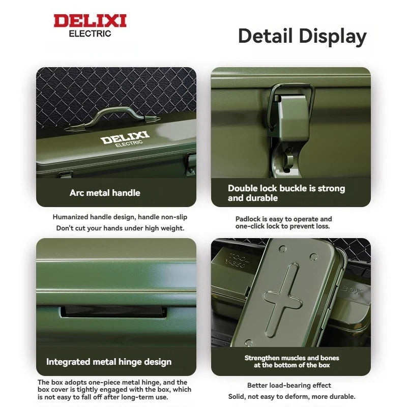 DELIXI Thicked Iron Tool Box Multi-functional Hard Case Industrial Tools Storage Box Household Car Hand-held Steel Storage Box