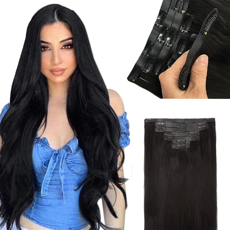 PU Clip in Extensions Human Hair Clip in Natural Thick Straight Hair Extensions Seamless Skin Weft Clip-on Hair Pieces 150G