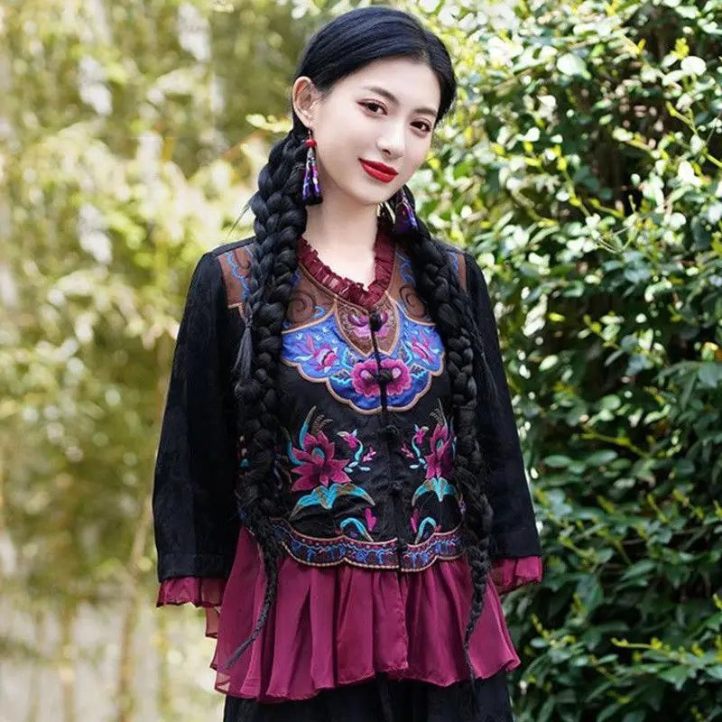 2025 embroidery chinese style summer tang suit top retro ethnic style disc buckle women long sleeve elegant daily blouse s104