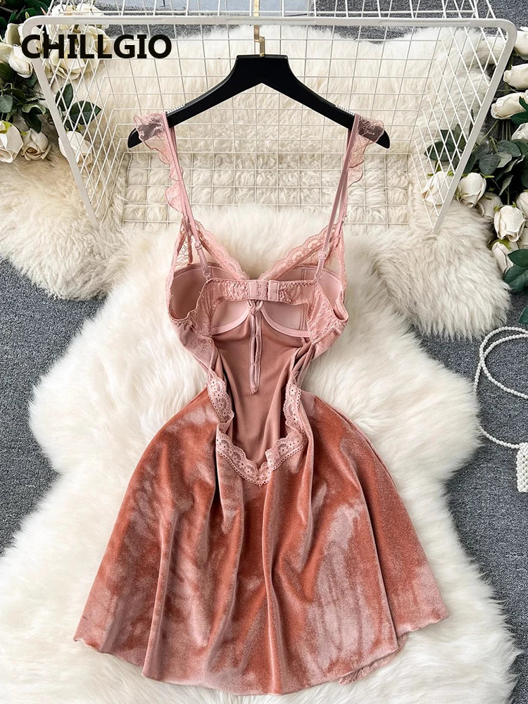 CHILLGIO Women Beaded Velour Spaghetti Strap Dress Fashion Party A Line Sexy Nightie Pajamas Nightwear Lace Patchwork Nightgowns