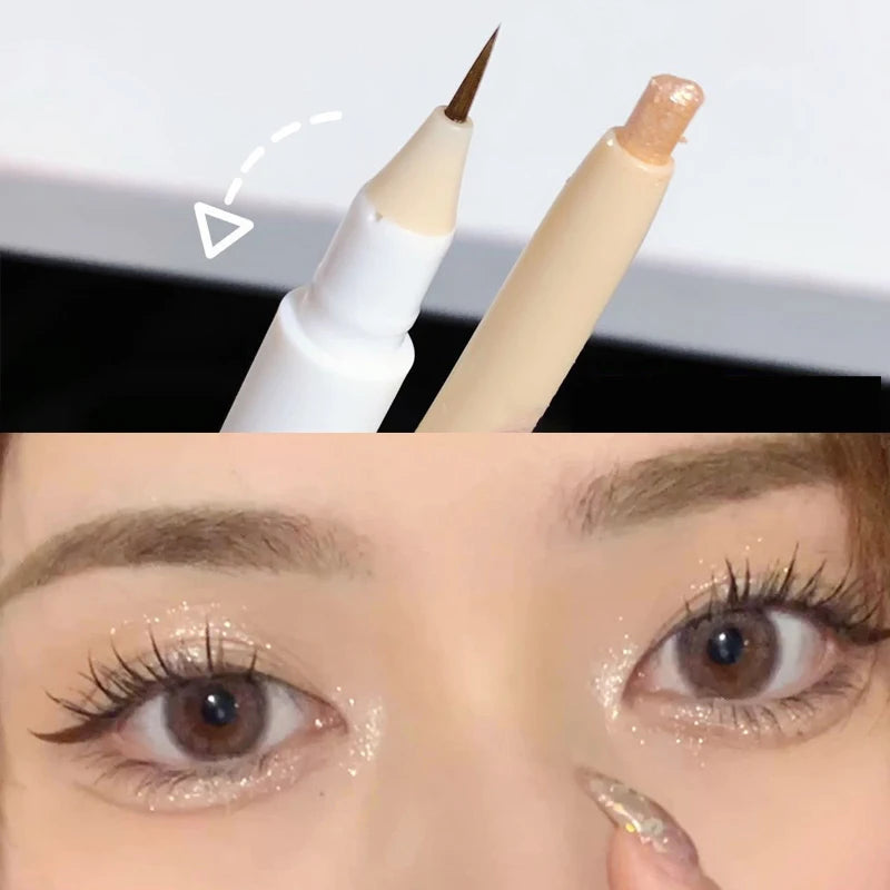 2 In 1 Liquid Eye Liner Shadow Pen Ultra Glitter Eyeliner Pencil Lasting Korean Eyes Makeup High Gloss Pigment Silkworm Gel Pen