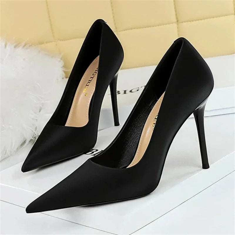 BIGTREE Autumn Fashion Simple Pedicure Slimming Super Woman Pumps Heels Shallow Mouth Strippe Pointed Sexy Nightclub Shoes