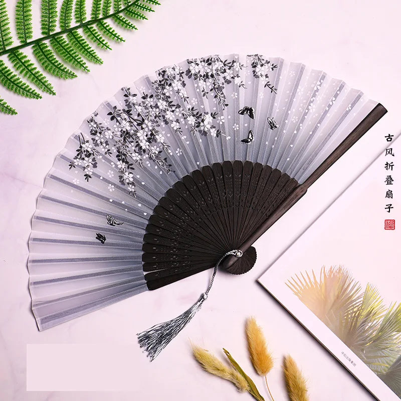 Chinese Bamboo Silk Hand Folding Fan Black