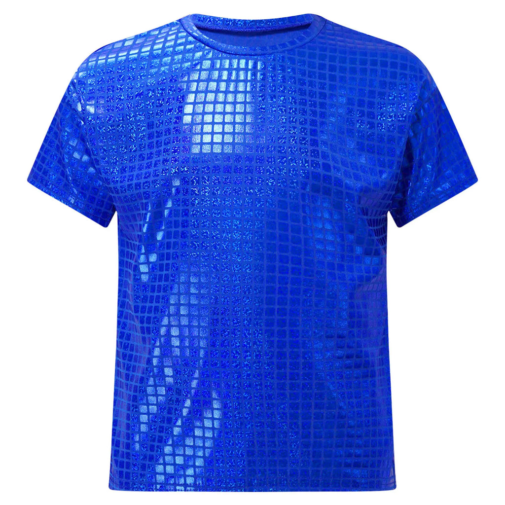 Boys Girls Shiny Plaid Sequins T-shirt Unisex Kids Short Sleeve Shirts Tops Cheerleading Street Dance Choir Stage Performance