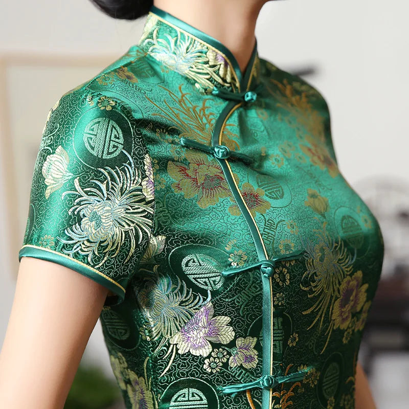 Green Brocade Satin Qipao Flower Mandarin Collar Cheongsam High Split Vestidos Oriental Bride Wedding Dresses Summer Party Gown