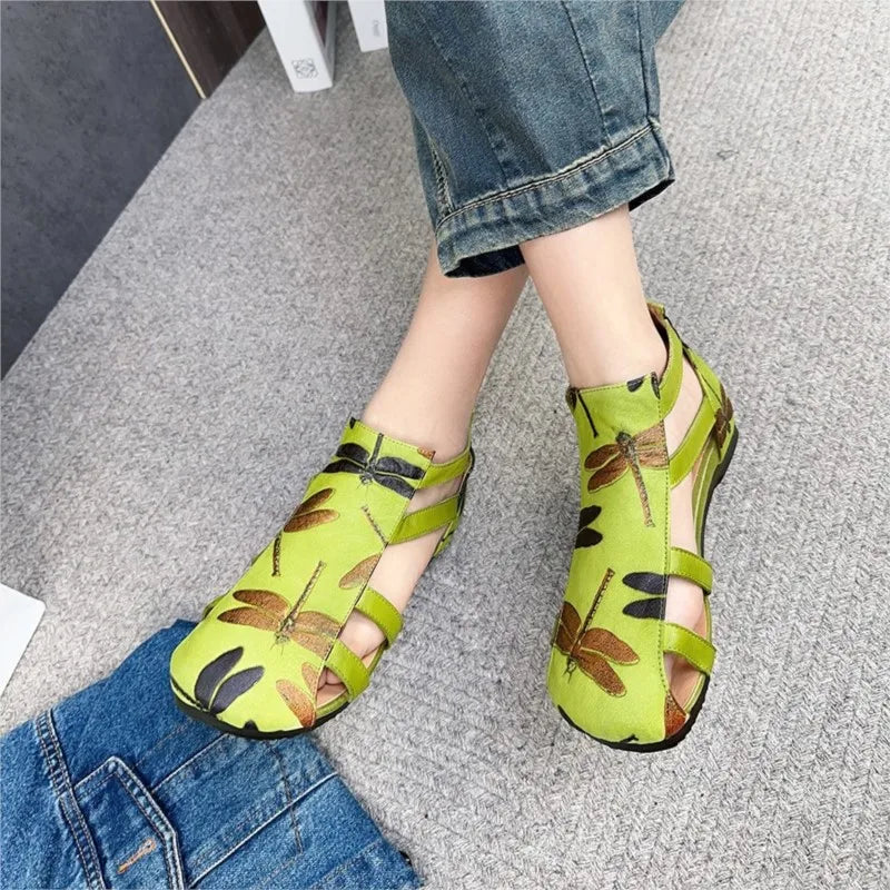 Johnature Genuine Leather Printed Roman Sandals 2025 Summer New Back Zippered Flat Hollow Round Toe Women's Shoes
