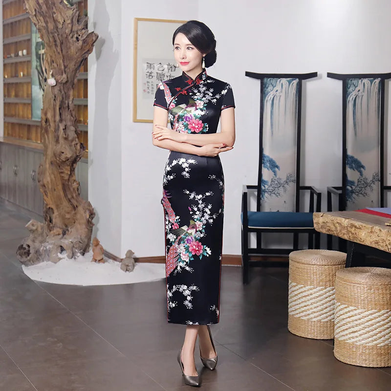 Sexy Purple Women Satin Daily Casual Dress Summer New Long Qipao Print Flower Chinese Cheongsam Size S M L XL XXL 3XL 0162