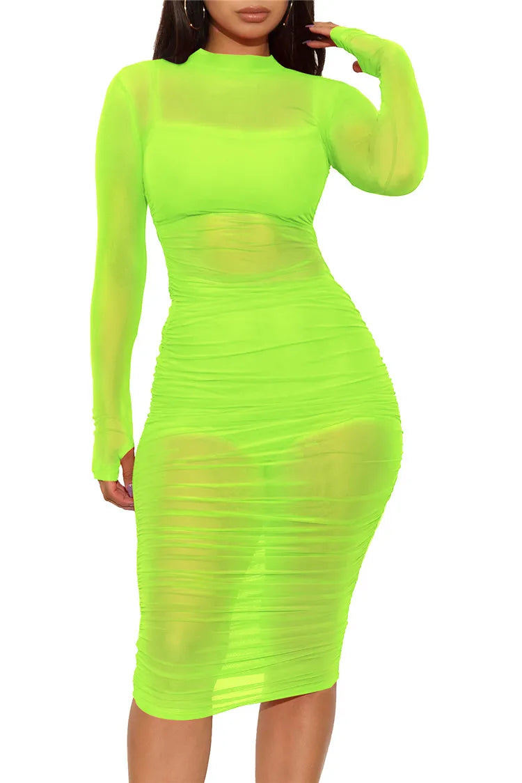 Women Mesh See Through 3 Piece Set Bodycon Ruched Cover Up Midi Dress+Camis+Shorts 3 Pieces Suits Sexy Night Club Party Outfits
