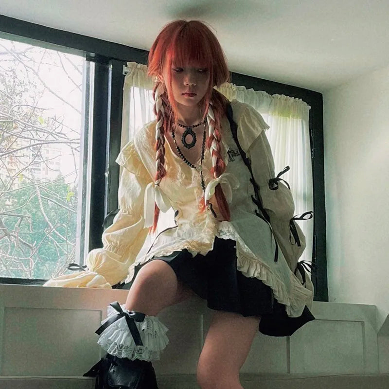 Y2k Gothic Lace Shirt Harajuku Bandage Blouse