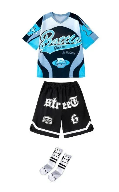 New Summer Teens Loose Blue T-Shirt Pants Black Shorts Boys Hip Hop Outfits Modern Jazz Dance Costume Girl Kpop Performance Wear