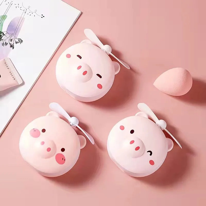 Cute Piggy Makeup Mirror Handheld Mini Fan With Led Light Cosmetics Mirror With Small Fan Girls Travle Portable Fan