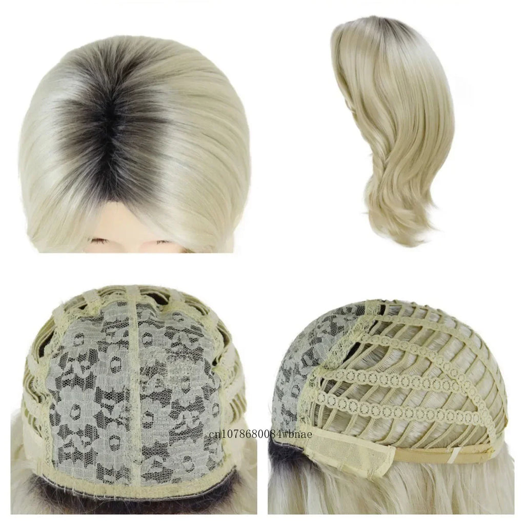 Synthetic Bride of Chucky Cosplay Wigs for Women Medium Curly Wavy Ombre Blonde Wig Halloween Costume Dress Up Party Daily Use