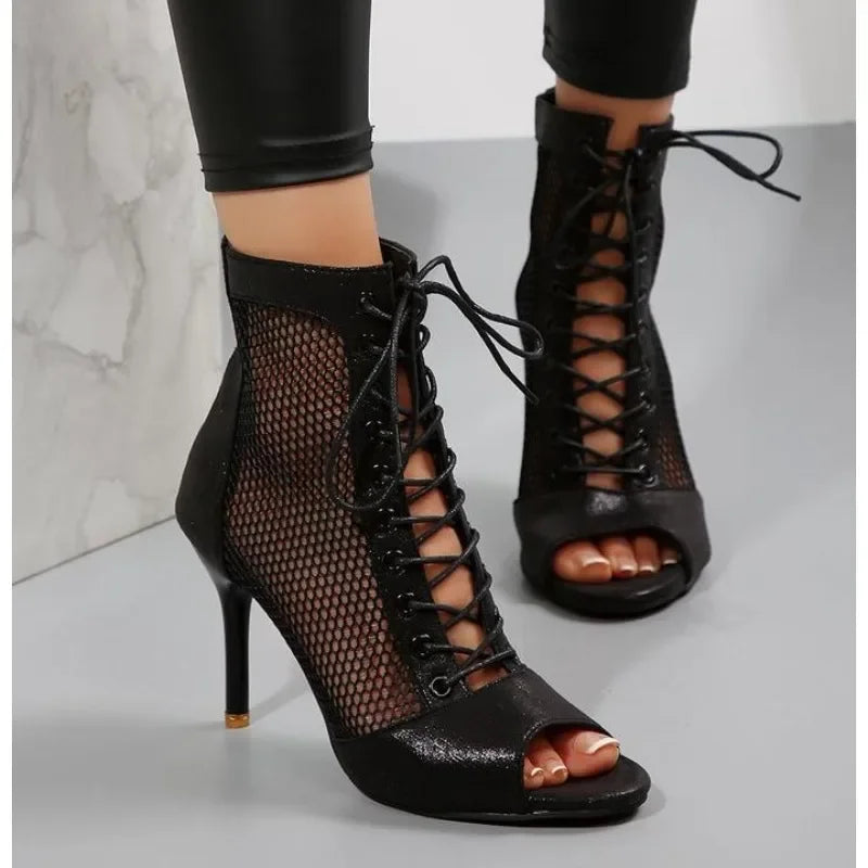 Sexy High Heels Hollow Mesh Sandals Women Summer Cross-tied Peep Toe Heeled Sandals Ankle Strap Dance Shoes Black Net Sandals