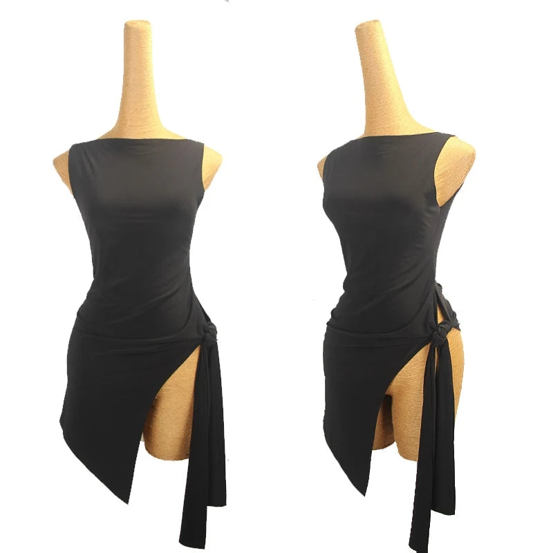 Summer Latin Dance Clothes Sleeveless Irregular Tops High Split Black Dress Adult Latin Practice Dress Rumba Dance Wear DNV20931