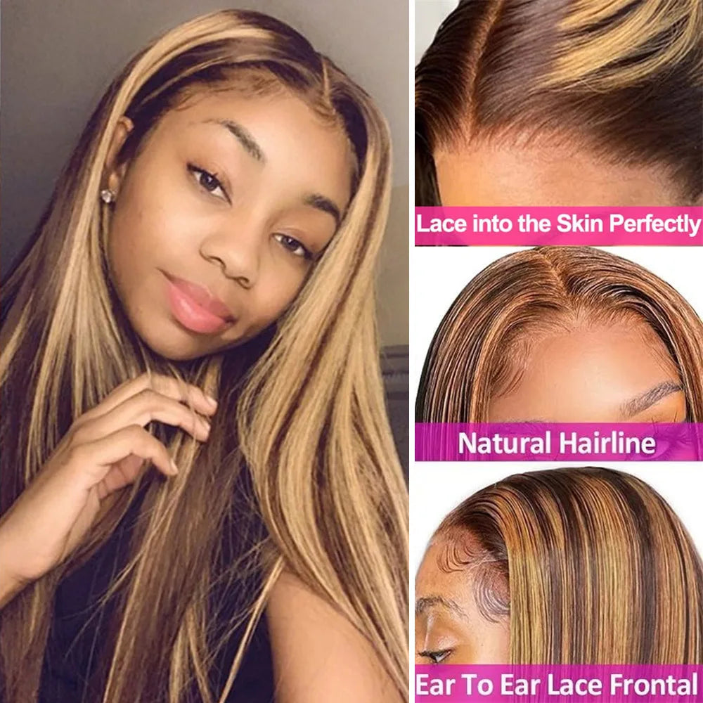 HD 13x6 Highlight Wig Human Hair Glueless Vietnamese Super Double Drown Bone Silk Straight Lace Frontal Wig Brown Lace Front Wig
