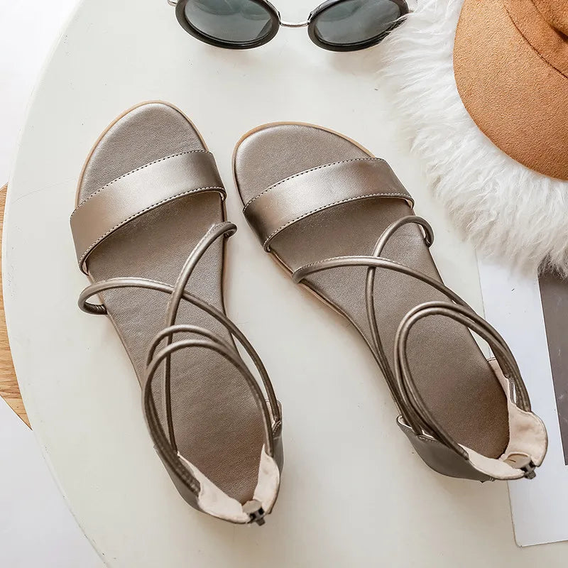 Genuine Leather Women Sandals Summer Flats Shoes Casual Flip Flops Gladiator Sandal Comfortable Cross Strap Beach Shoes Ladies