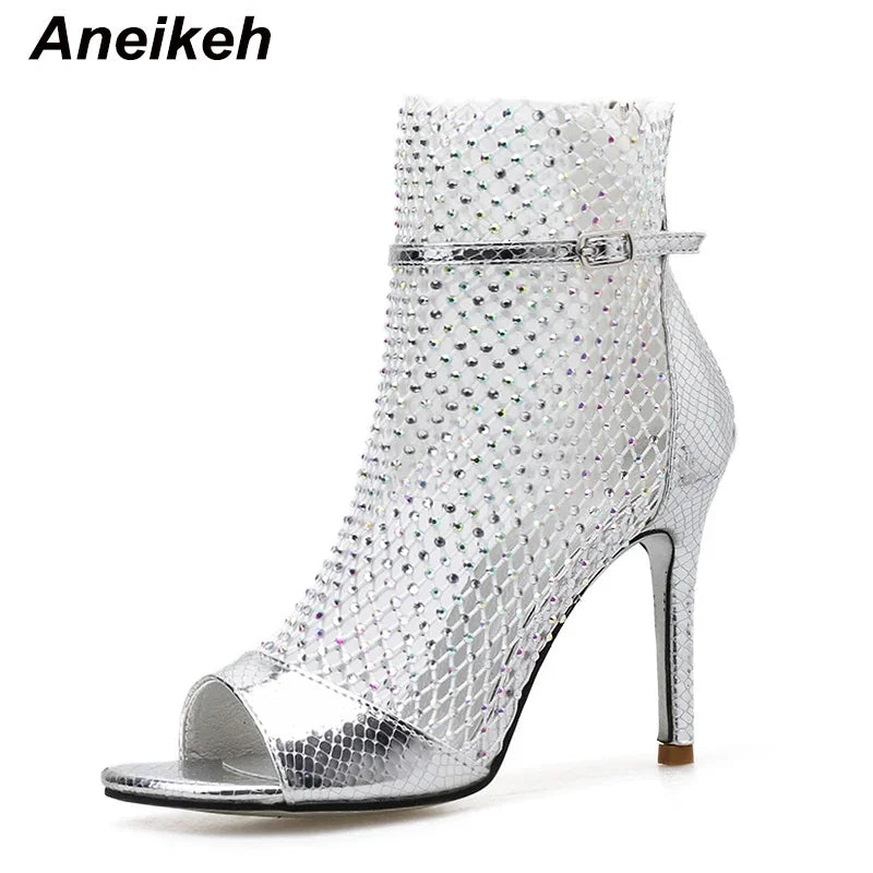 Aneikeh NEW Summer Glitter Gladiator Air mesh Sexy Sandals Shoes Woman High Heel Peep Toe Stripper Zipper Party Thin Heels Pumps