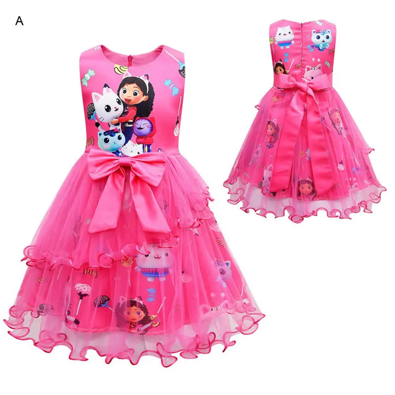 Summer Gabbys Dollhouse Costume For Baby Girl Lace Dress Fashion Kid Up Bow Print Princess Frock Children Tunic Clothes