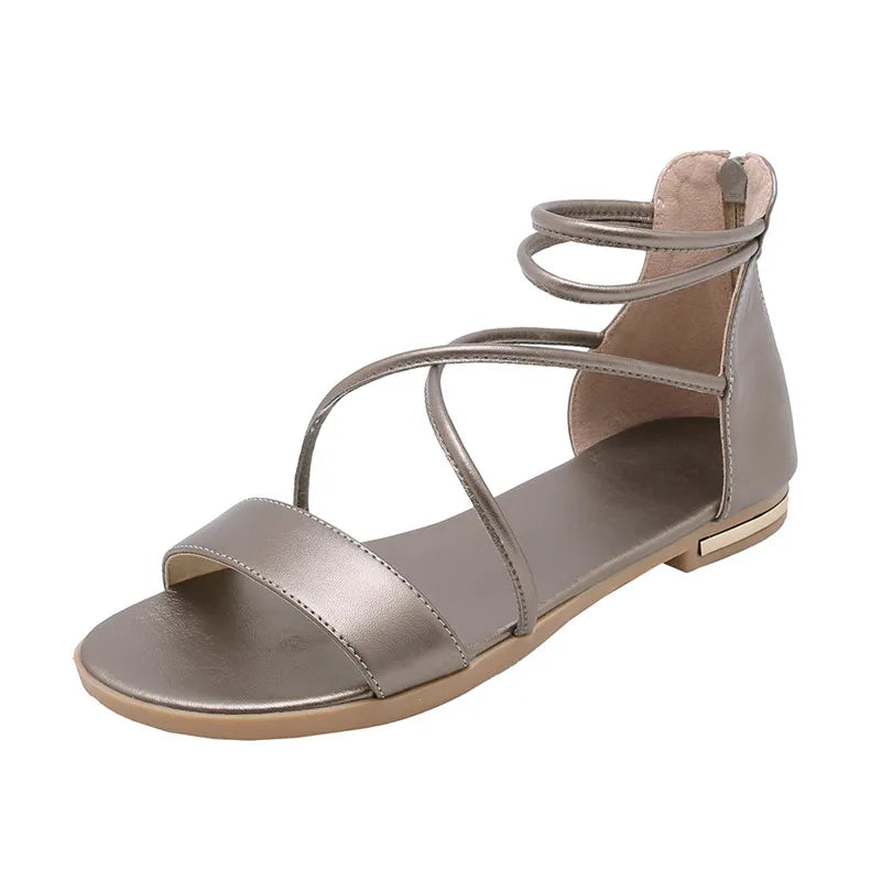 Genuine Leather Women Sandals Summer Flats Shoes Casual Flip Flops Gladiator Sandal Comfortable Cross Strap Beach Shoes Ladies