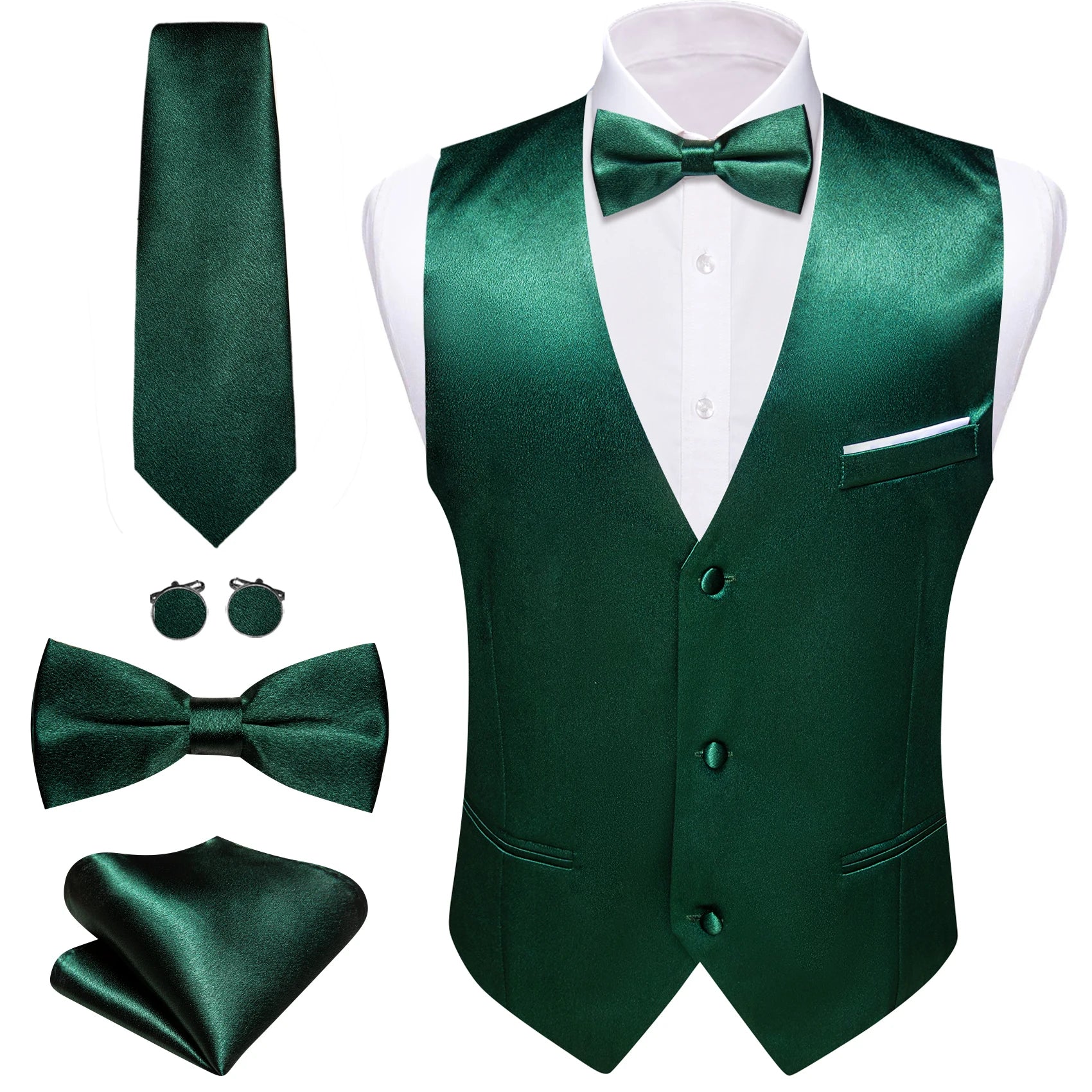 Elegant Vest for Men Pink Solid Satin Waistcoat Tie Bowtie Hanky Set Sleeveless Jacket Wedding Formal Male Gilet Suit Barry Wang