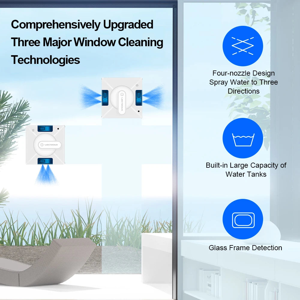 Robot Window Cleaner Liectroux YW509, 4-Way Water Spray,Home Glass Floor Window Robot Vacuum Cleaner,Strong Vacuum,Smart Memory