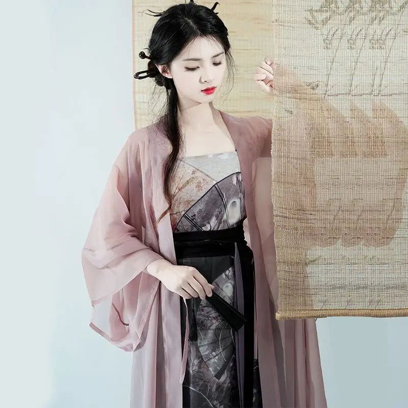 Chinese Hanfu Dress Women Party Outfit Chinese Tang dynasty Ancient Printed Fashion Hanfu Summer Chiffon 3pcs Sets