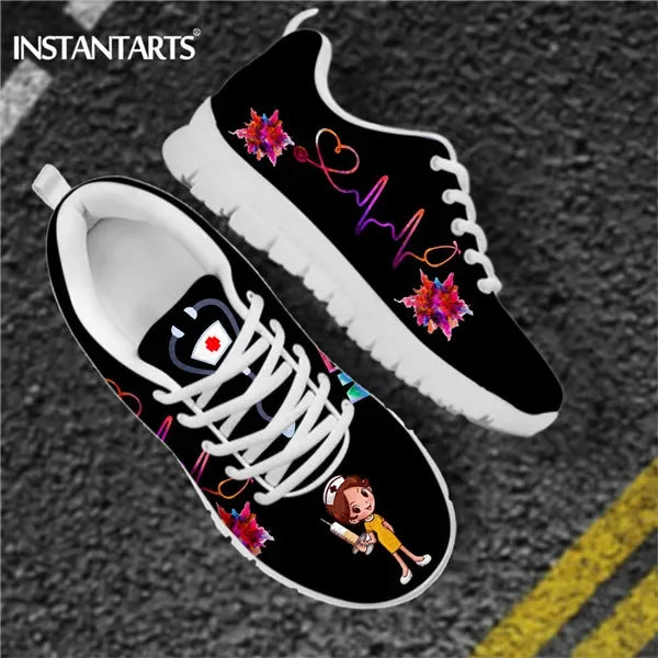 New Cartoon Nurse Shoes for Women Medical Heart Beat Brand Design Breathable Sneakers Flats Shoes Zapatos Mujer