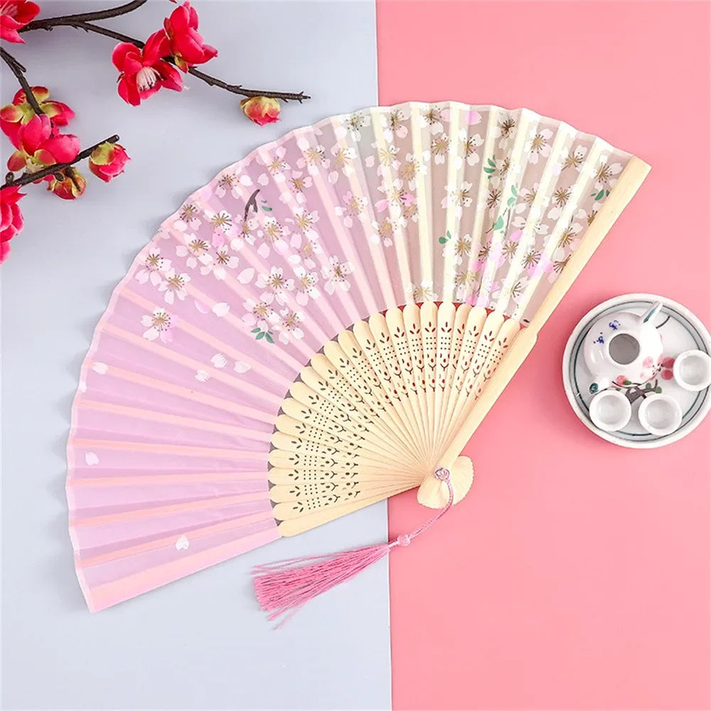 Chinese Bamboo Silk Hand Folding Fan Black