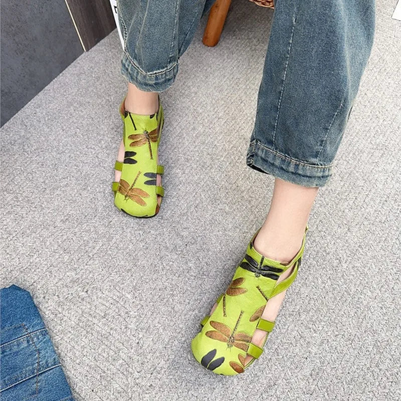 Johnature Genuine Leather Printed Roman Sandals 2025 Summer New Back Zippered Flat Hollow Round Toe Women's Shoes