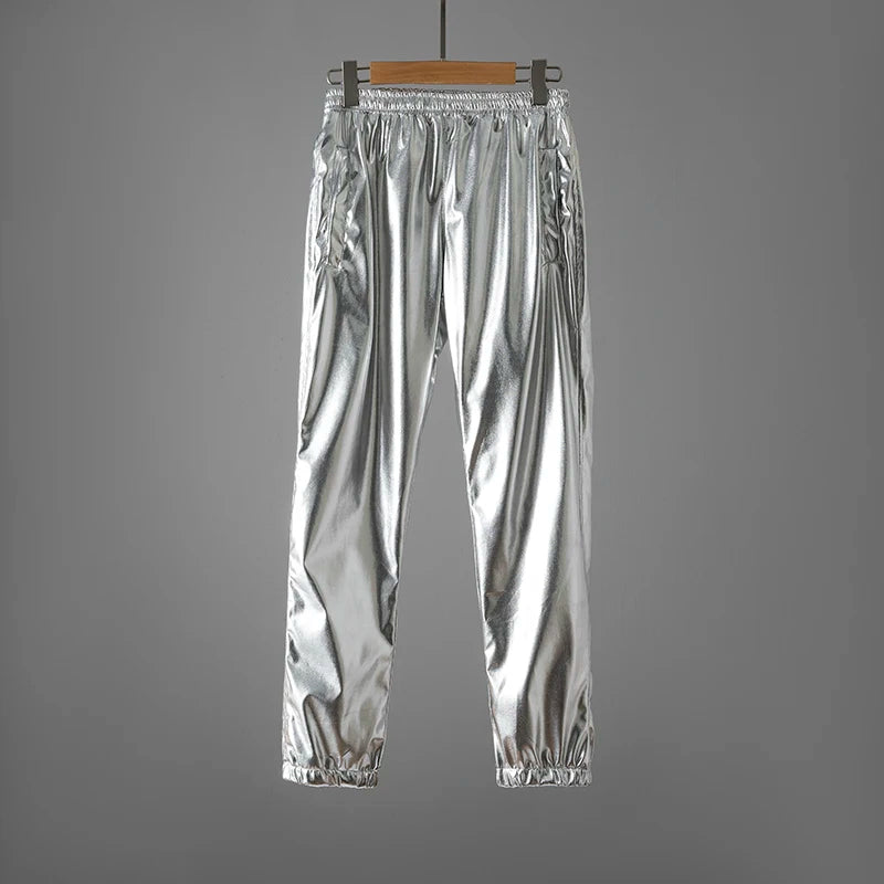 Silver Shiny Motorcycle PU Leather Pants Men Brand Skinny Disco Party Halloween Trousers Men Stage Prom Singer Costume Pants 3XL