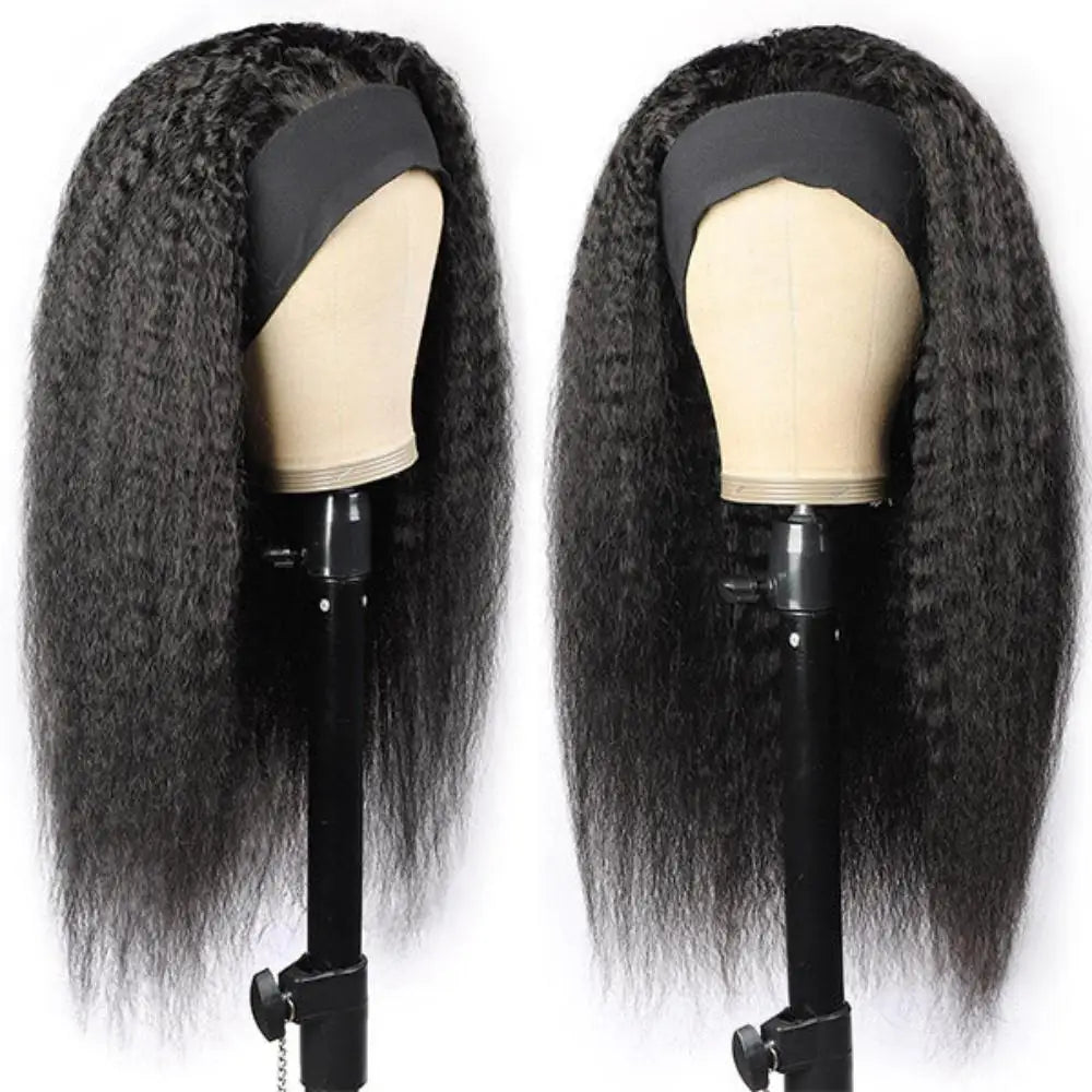 Kinky Straight Headband Wig Human Hair Yaki Headband Wig Full Machine Made Wigs  Yaki Natural Color Brazilian Remy Hair Wig 180%
