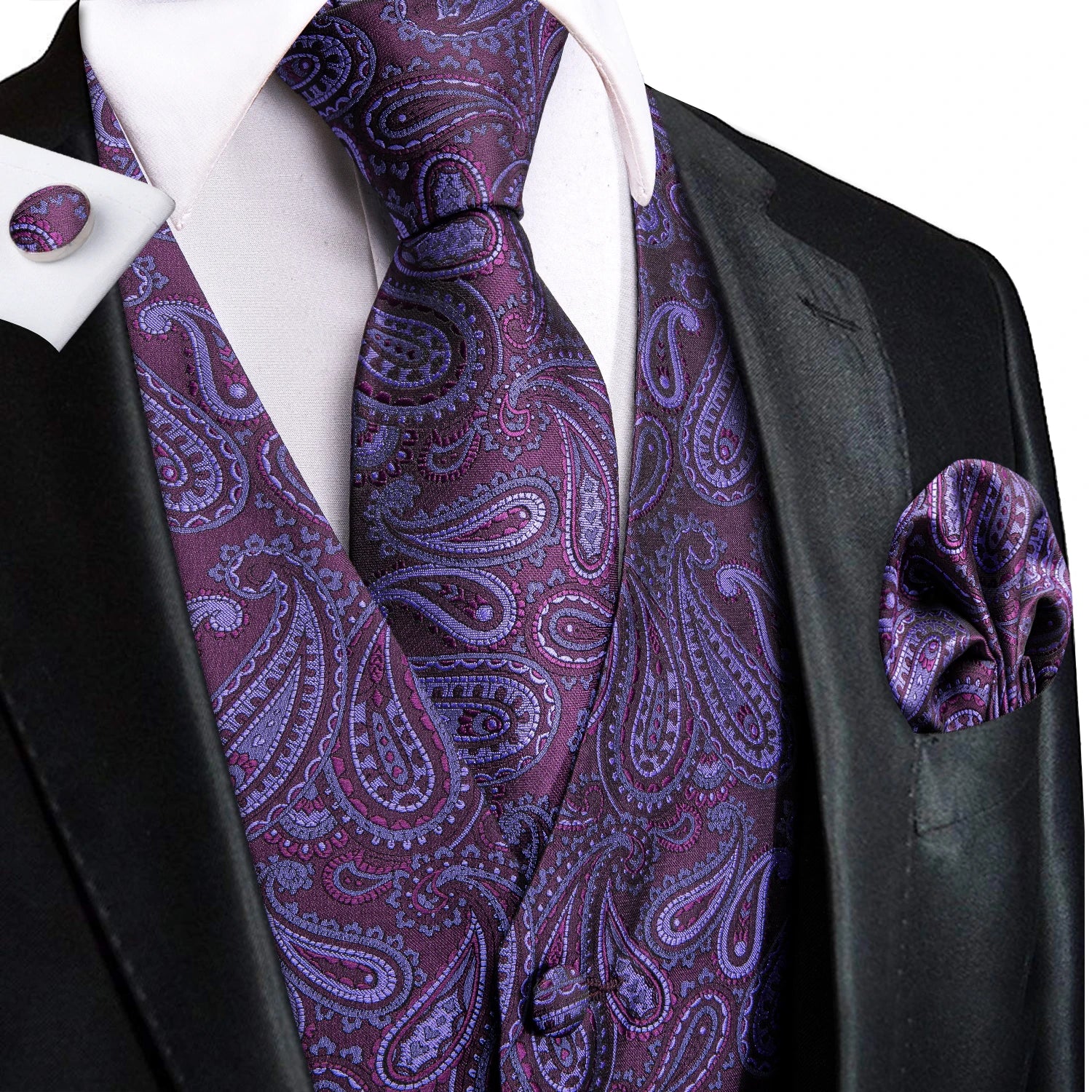 Hi-Tie Men's Silk Vests Fashion Dark Green Floral Jacquard Handkerchief Cufflinks Necktie Sleeveless Wistcoat Sets Wedding Party