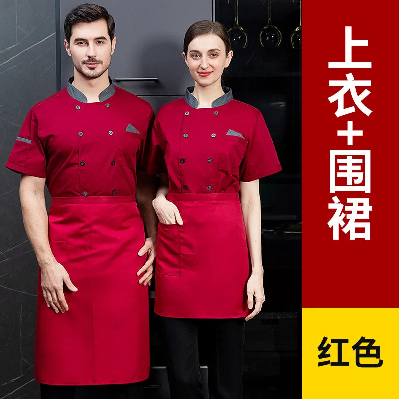 Men Red Chef Coat Logo Long Sleeve Chef Jacket for Summer Apron Head Chef Uniform Restaurant Hotel Kitchen Cooking Clothes
