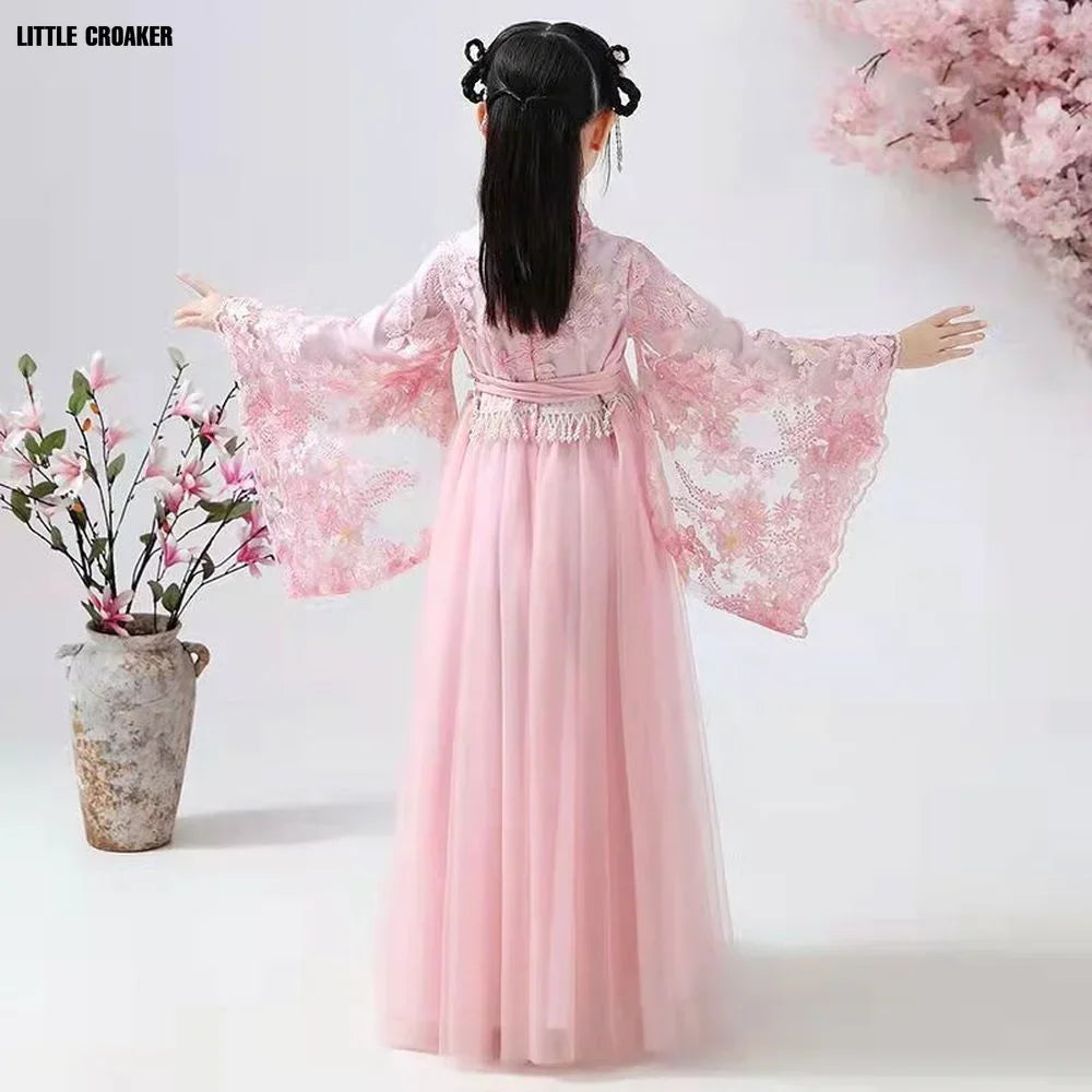 Chinese Traditional Folk Dance Dress Girls Pink Dance Fairy Costume Hanfu Girls Princess Dresses Set Kids Party Cosplay Clothing
